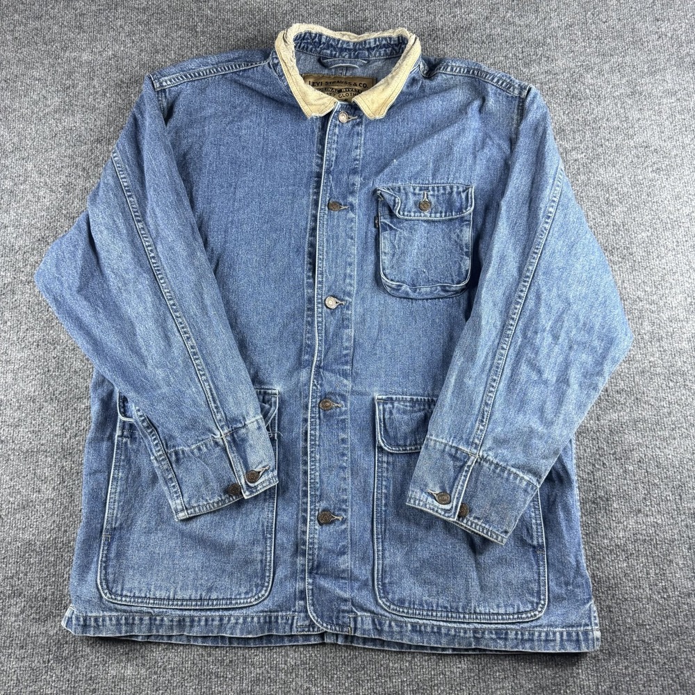 VINTAGE Levis Trucker Jacket Mens 2XL? Blue Barn Chore Collar Field Pockets